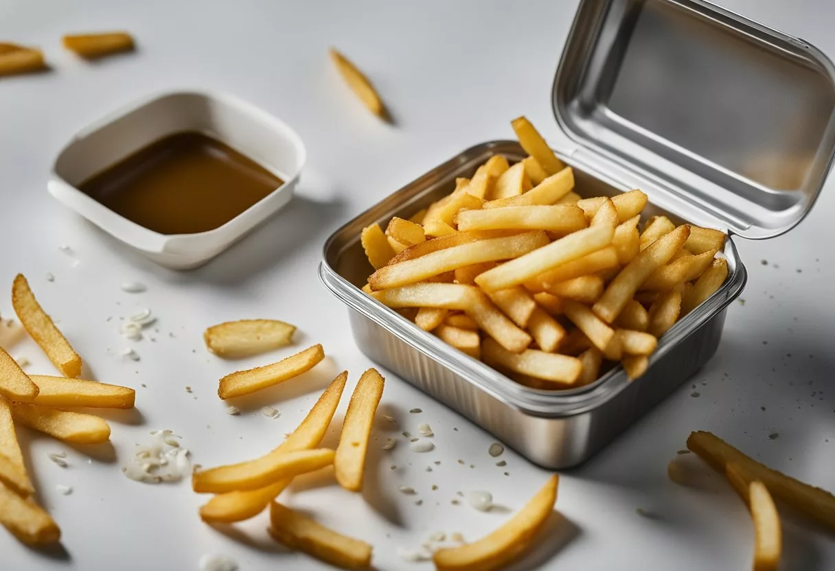 Golden fries spilling out of a greasy fast food container, surrounded by a list of "10 worst foods for your blood pressure"