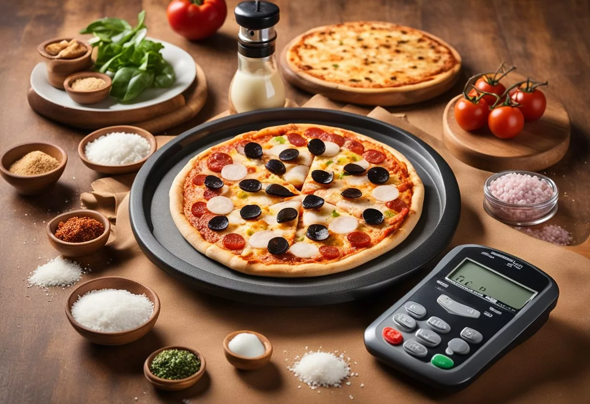 A frozen pizza surrounded by high-sodium processed ingredients, a salt shaker, and a blood pressure monitor