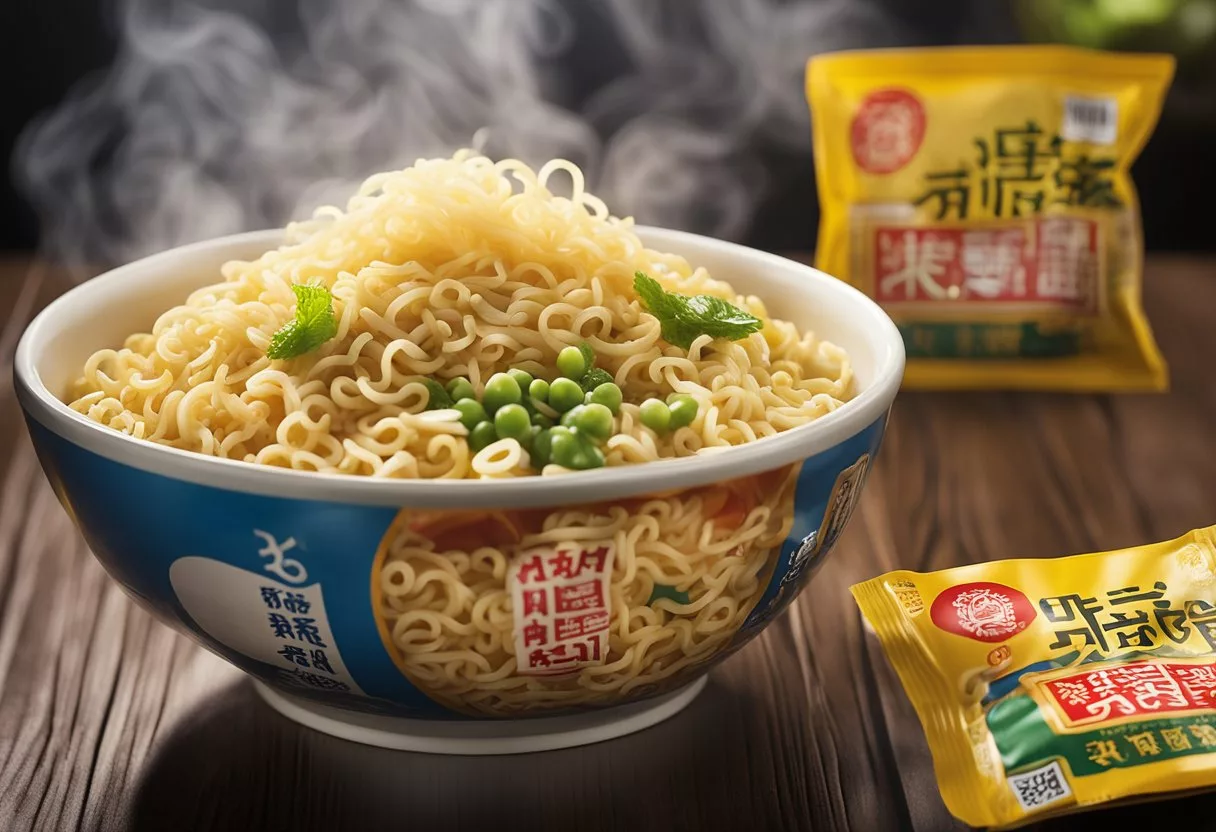 A steaming bowl of instant noodles surrounded by salty flavor packets and a high-sodium warning label