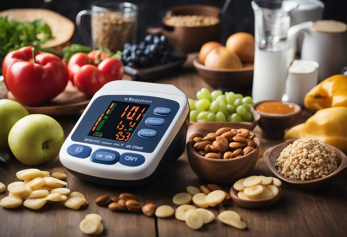 A table with 10 labeled foods, crossed out with a red "X". A blood pressure monitor sits nearby