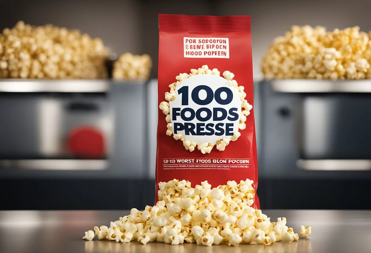 A bag of microwave popcorn with a bold "10 worst foods for your blood pressure" label