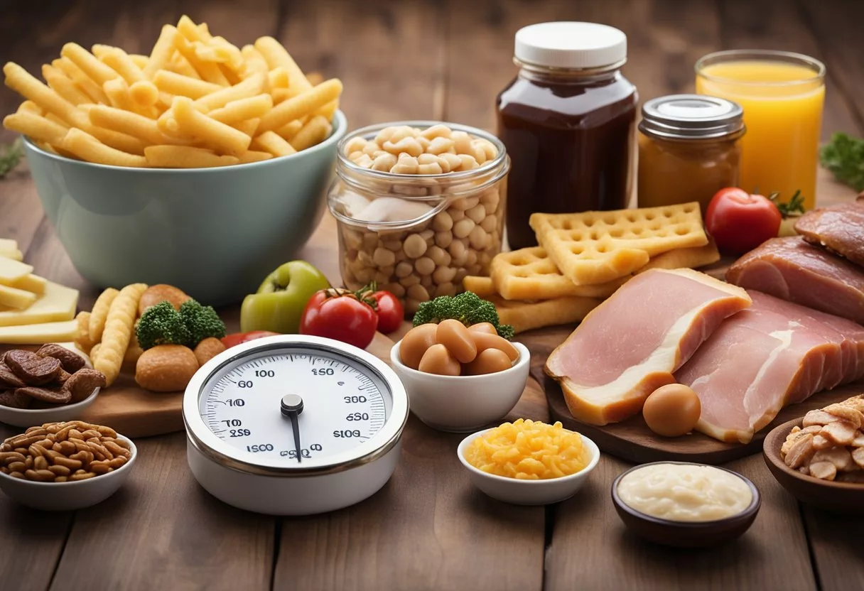 A table with unhealthy foods labeled: processed meats, canned soups, sugary drinks, salty snacks, and fast food. A graph showing blood pressure levels rising