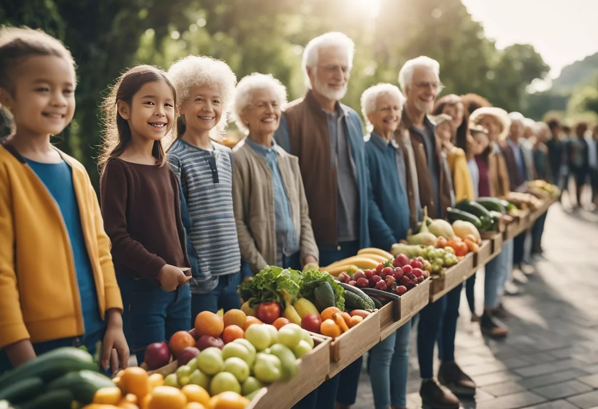 A group of people of different ages, from children to seniors, standing in a line. Some are holding sugary snacks while others are holding fruits and vegetables