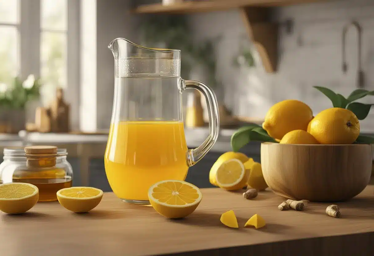 A glass pitcher filled with golden turmeric tonic surrounded by fresh turmeric roots, lemons, and honey jars on a wooden countertop