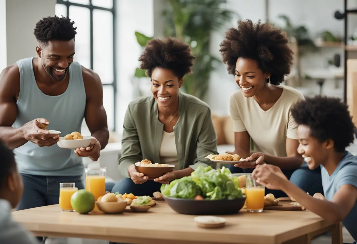 A diverse group of people of different ages happily engaging in various activities, such as exercising, cooking, and reading nutrition labels, while avoiding sugary foods and drinks