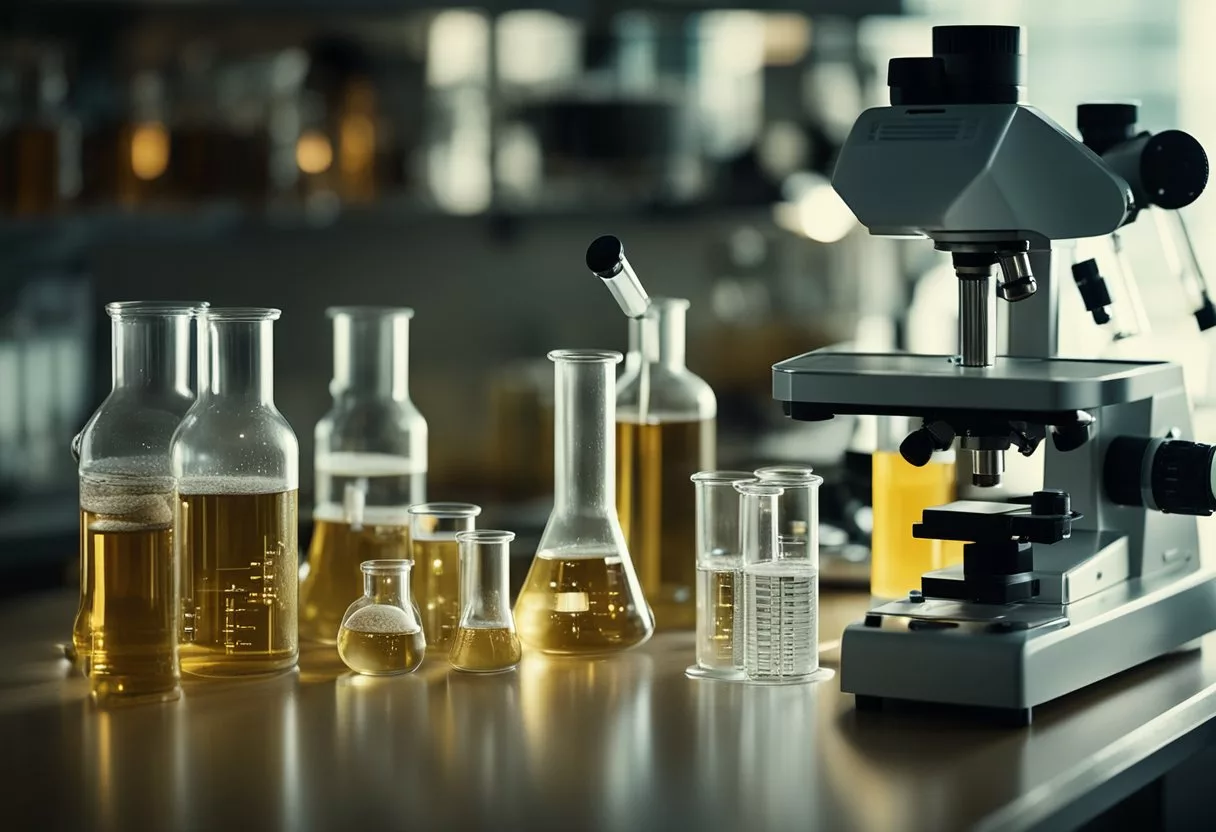 A laboratory table holds test tubes, beakers, and scientific equipment. A glowing solution bubbles in a flask, while a microscope sits ready for examination