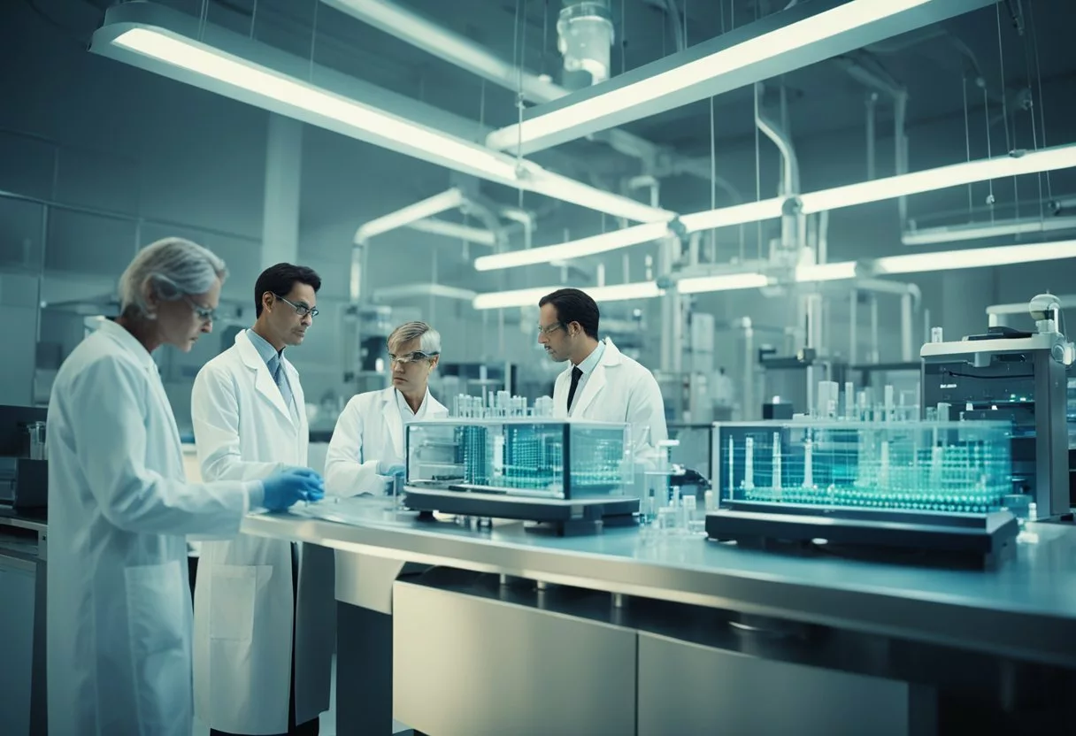 A laboratory setting with futuristic equipment and a glowing DNA strand, surrounded by scientists analyzing data and discussing ways to reverse biological aging