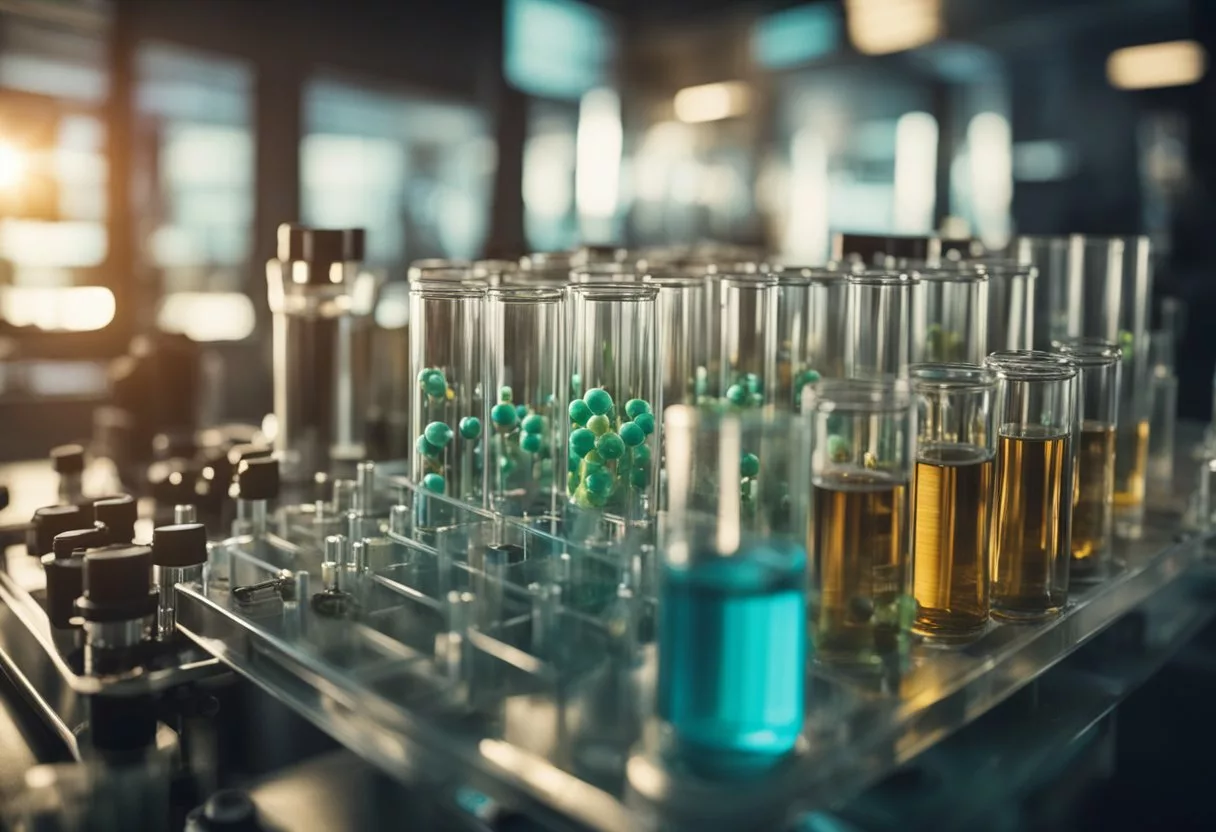 A laboratory setting with test tubes and scientific equipment, surrounded by images of healthy cells and DNA strands