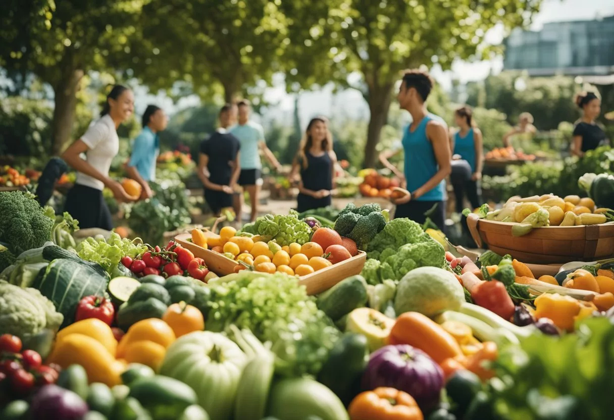 A vibrant garden bursting with colorful fruits and vegetables, surrounded by active individuals engaging in exercise and mindfulness activities