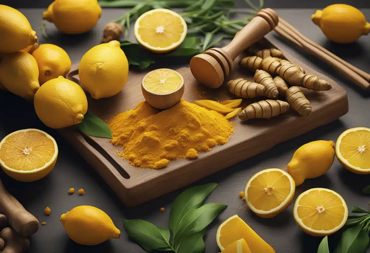 A vibrant array of fresh turmeric roots, ginger, lemons, and honey arranged on a wooden cutting board with a mortar and pestle nearby