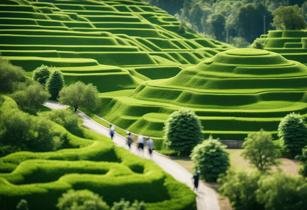 Lush greenery surrounds a diverse community, demonstrating healthy social connections and a clean environment. Scientific symbols and age-reversing concepts float in the air, symbolizing the potential to reverse biological aging