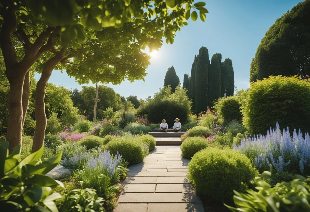 A serene garden with vibrant plants and a clear blue sky, showcasing a variety of healthy activities such as yoga, walking, and meditation