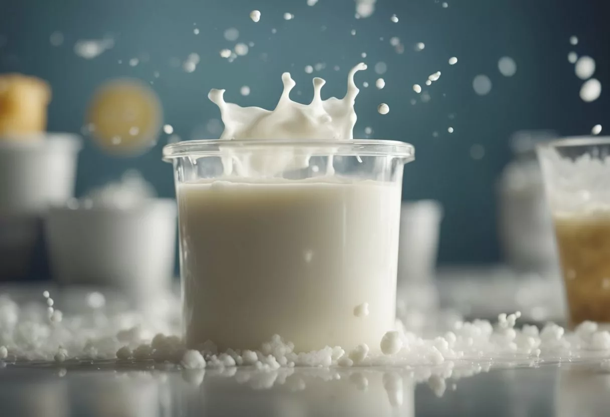 A carton of spoiled milk spills, emitting a foul odor. A fly buzzes around the mess, while mold grows on the container