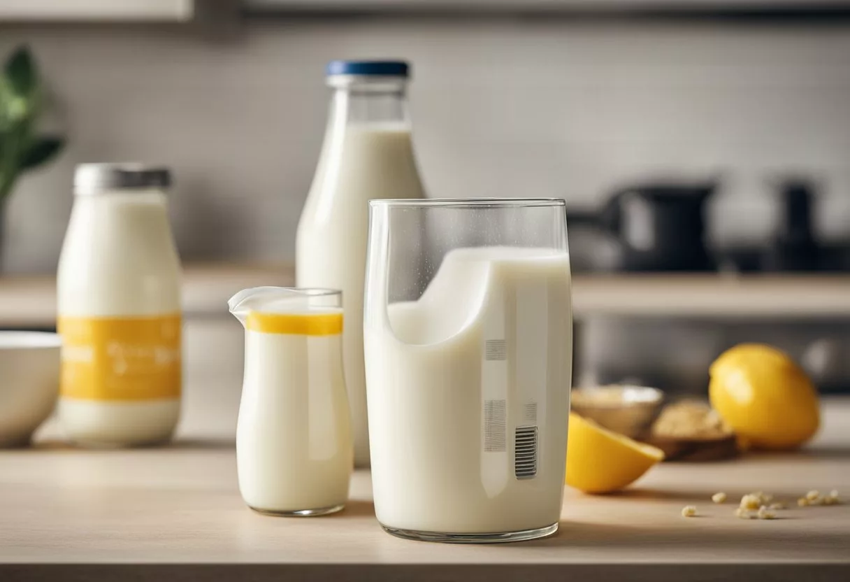 A carton of milk sits on a kitchen counter, its expiration date long past. A foul odor emanates from the container, and curdled chunks float in the yellow liquid