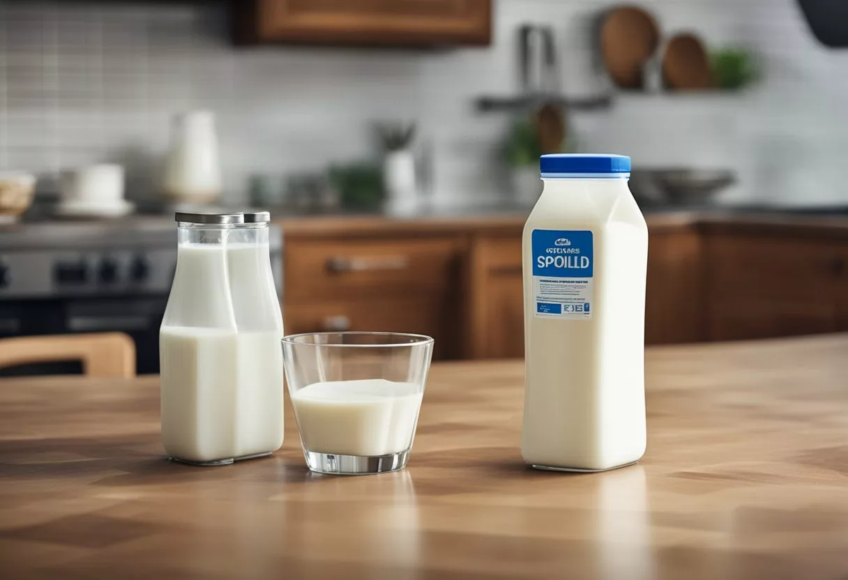 A carton of spoiled milk sits on a kitchen counter. A foul odor emanates from the container, indicating potential health implications