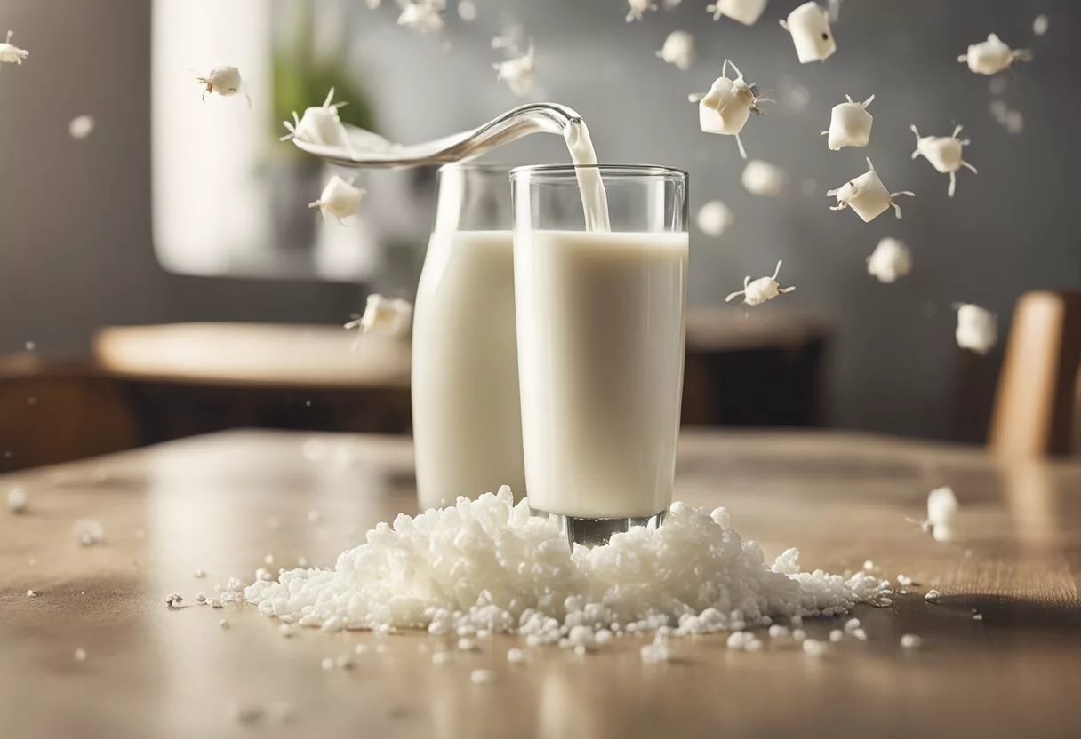 A carton of spoiled milk sits on a table, surrounded by flies and emitting a foul odor. A glass of the spoiled milk is shown being poured down the drain