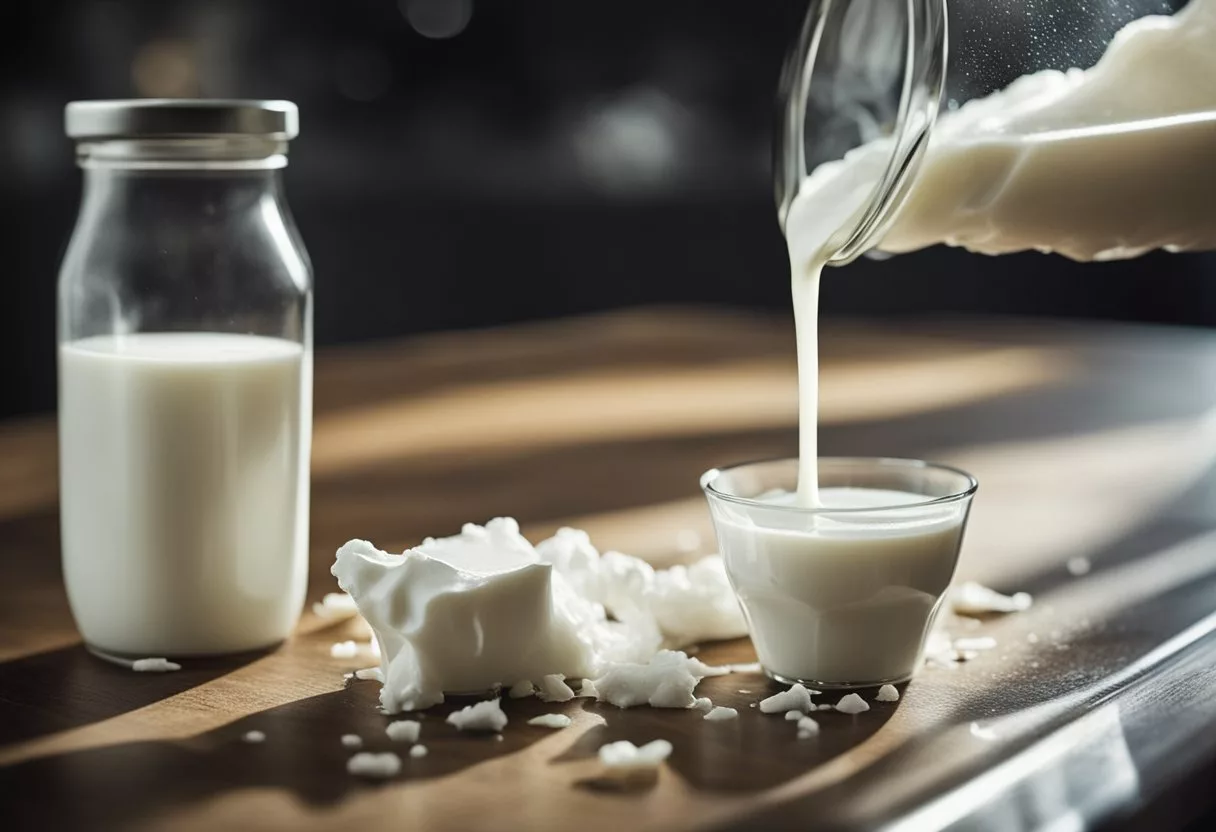 A carton of milk sits on a counter, curdled and emitting a foul odor. A fly hovers nearby, drawn to the putrid liquid