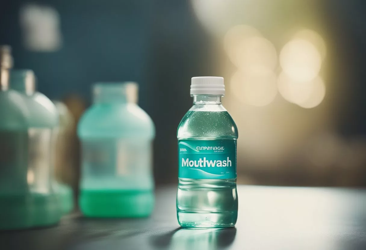 A bottle of mouthwash tipped over, liquid spilling out. A person recoiling in discomfort