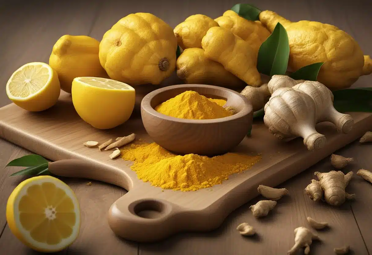 Vibrant yellow turmeric root, fresh ginger, and lemons arranged on a wooden cutting board with a mortar and pestle nearby. Ingredients labeled with their nutritional benefits