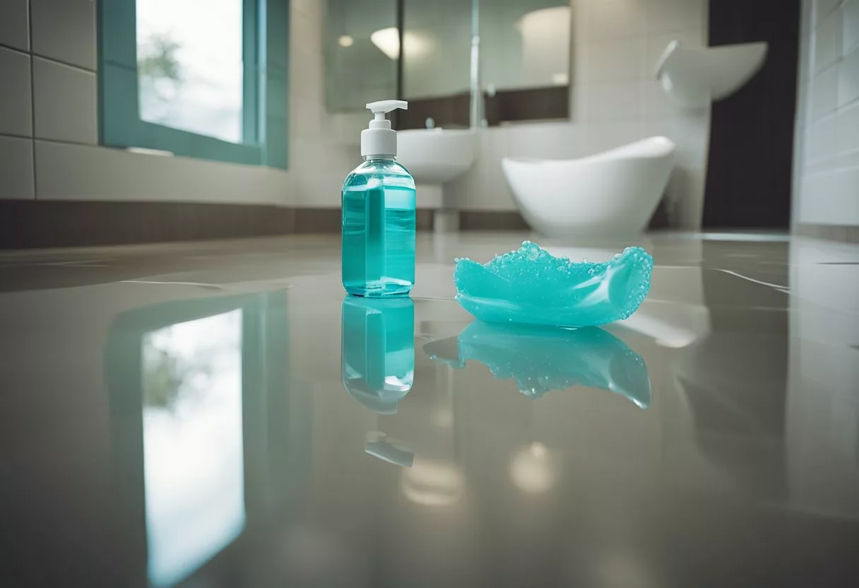 A bottle of mouthwash spills onto a bathroom counter, with liquid flowing over the edge and forming a small puddle on the floor