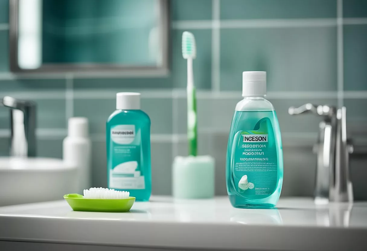 A bottle of mouthwash sits on a bathroom counter, next to a toothbrush and toothpaste. The label warns against ingestion and lists potential harmful effects