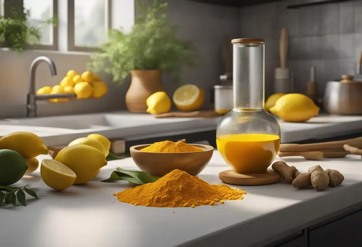 A colorful array of fresh turmeric, ginger, lemons, and honey arranged on a kitchen counter, with a mortar and pestle nearby for preparation