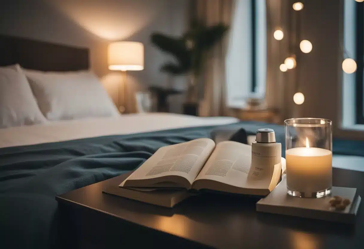 A serene bedroom with dim lighting, a cozy bed with soft pillows, a soothing aroma diffuser, and a calming book on the nightstand