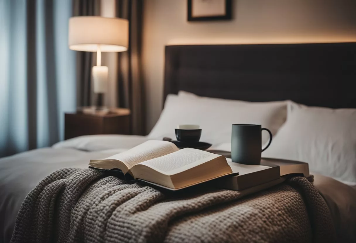 A calm bedroom with dim lighting, a cozy bed with soft pillows and blankets, a soothing scent from a diffuser, and a journal for writing before sleep