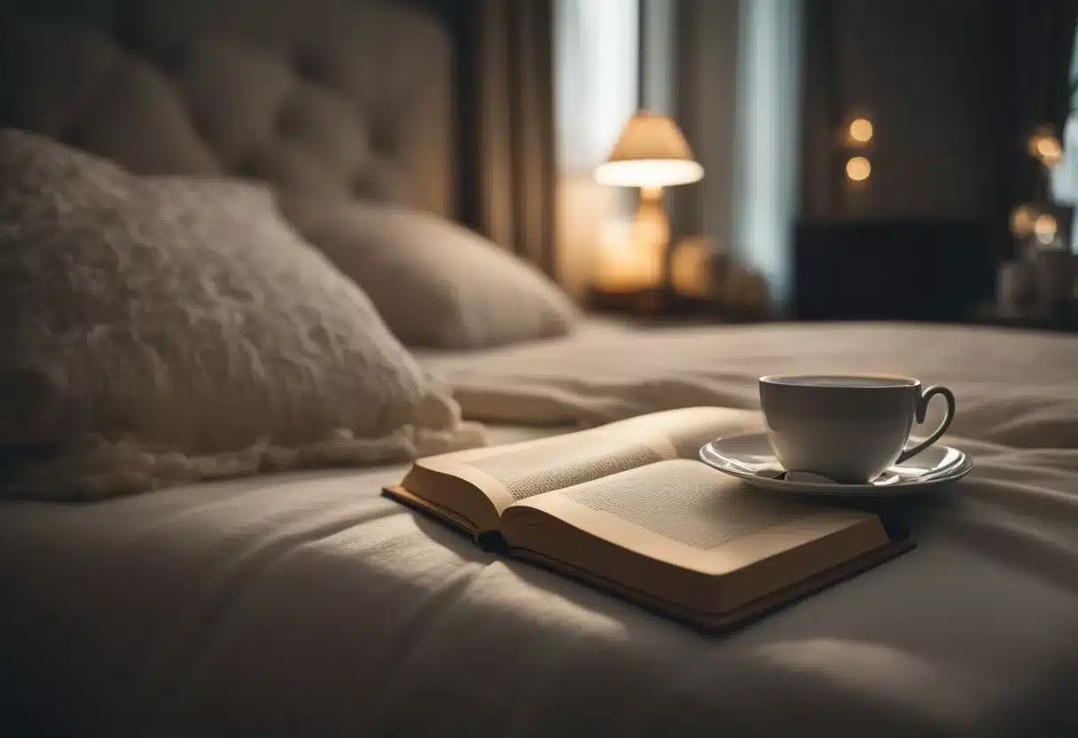 A cozy bedroom with dim lighting, a warm cup of herbal tea on a bedside table, a book or journal for relaxation, and a comfortable bed with soft, inviting pillows and blankets