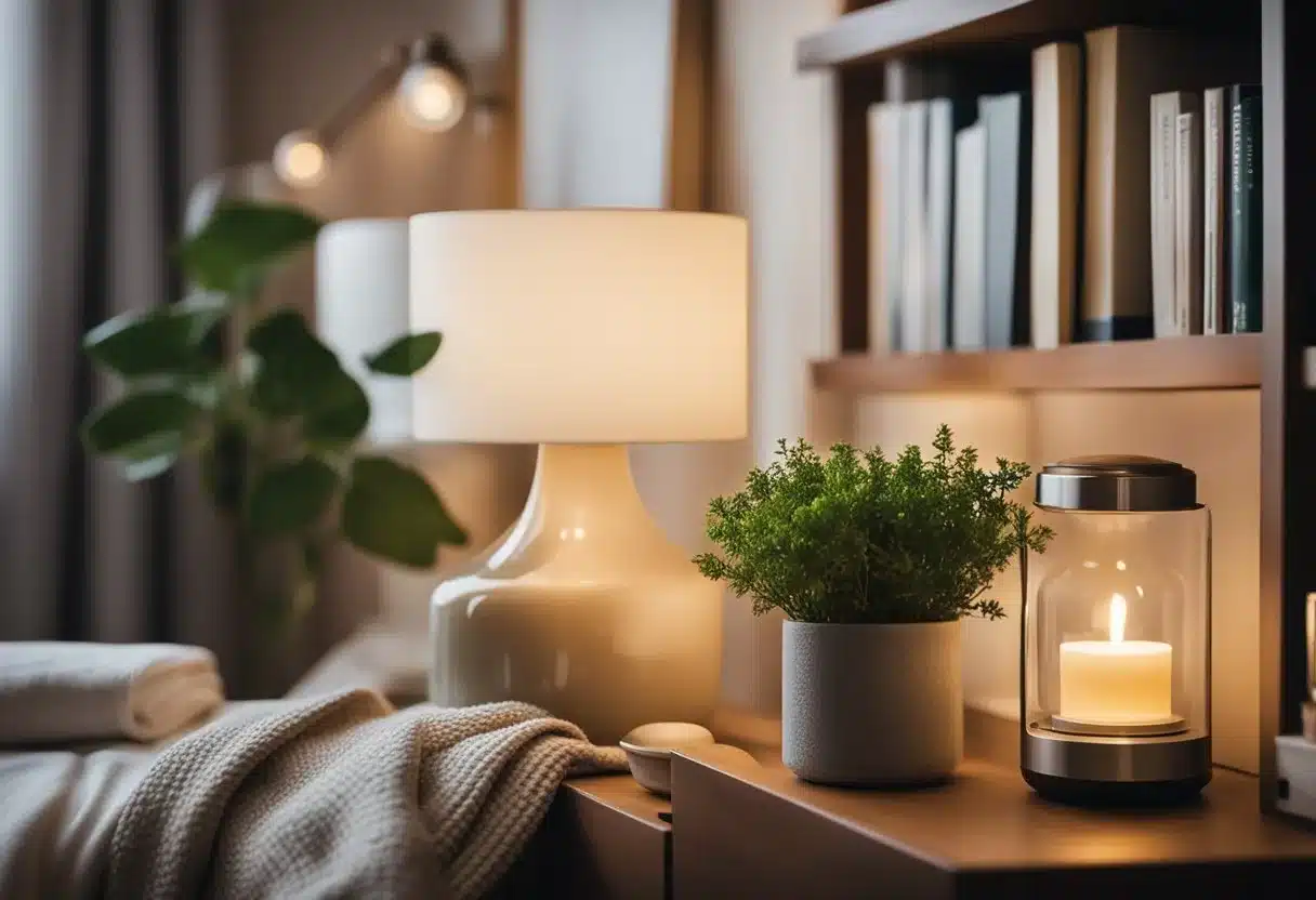 A cozy bedroom with dim lighting, a warm blanket, and a cup of herbal tea on a bedside table. A bookshelf filled with calming literature and a soothing essential oil diffuser in the corner