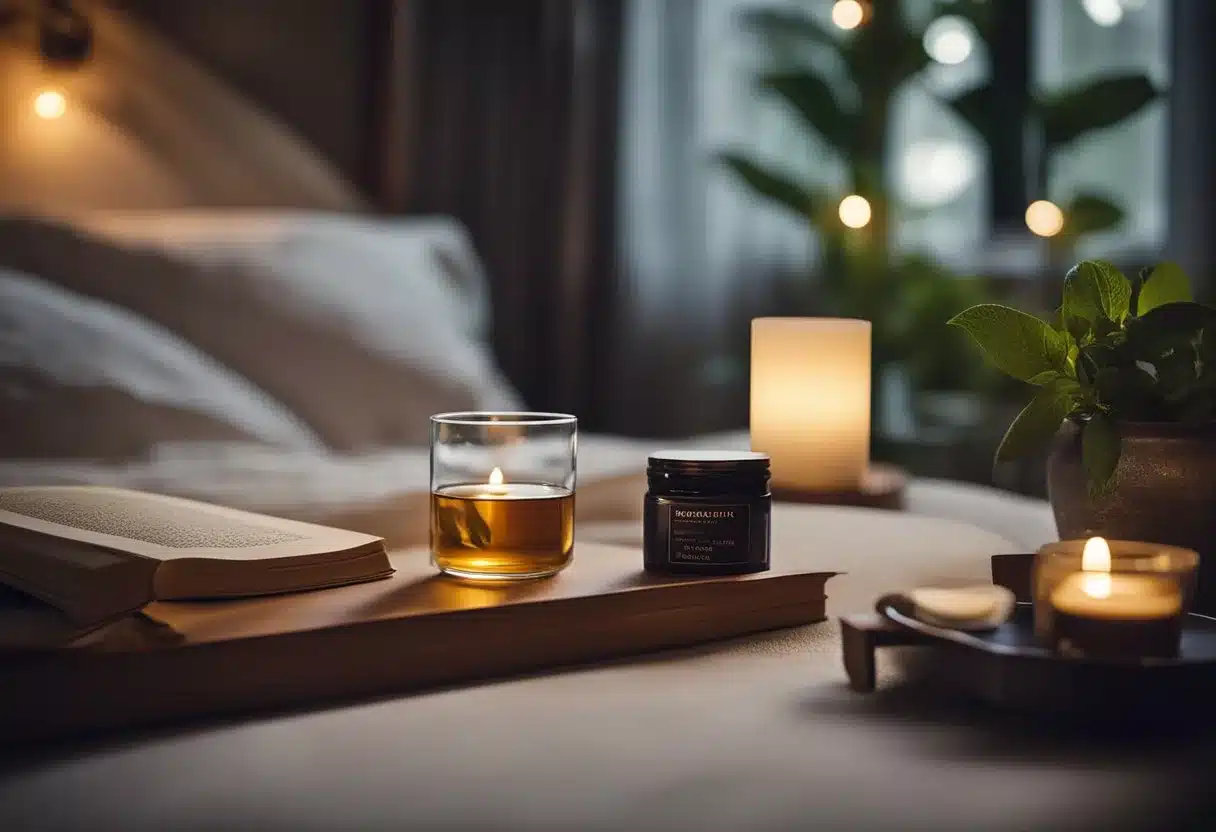 A cozy bedroom with dim lighting, a warm cup of herbal tea on a bedside table, a book open on the nightstand, and a soothing essential oil diffuser filling the room with a calming scent