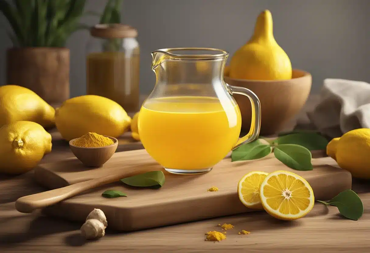 A glass pitcher filled with vibrant yellow turmeric tonic surrounded by fresh turmeric root, ginger, and lemons on a wooden cutting board