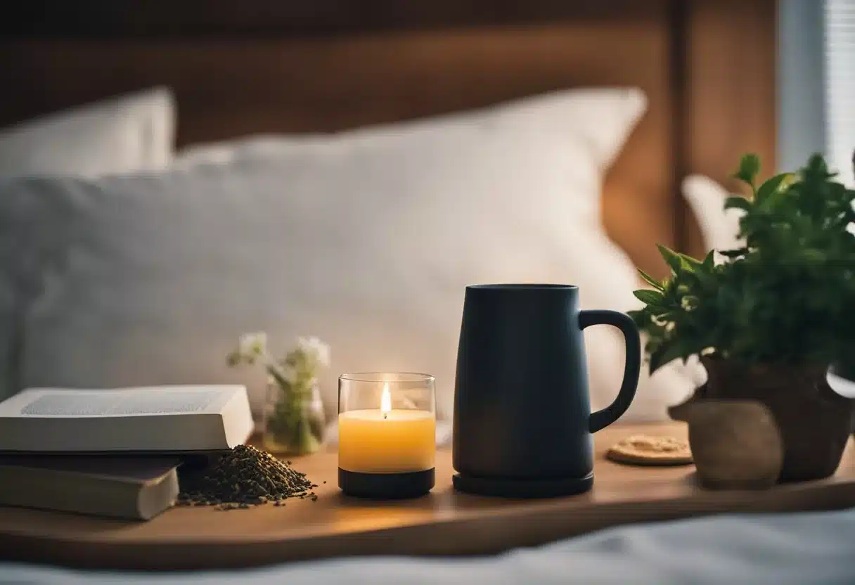 A cozy bedroom with dim lighting, a warm cup of herbal tea on a bedside table, a relaxing book, and a soothing essential oil diffuser