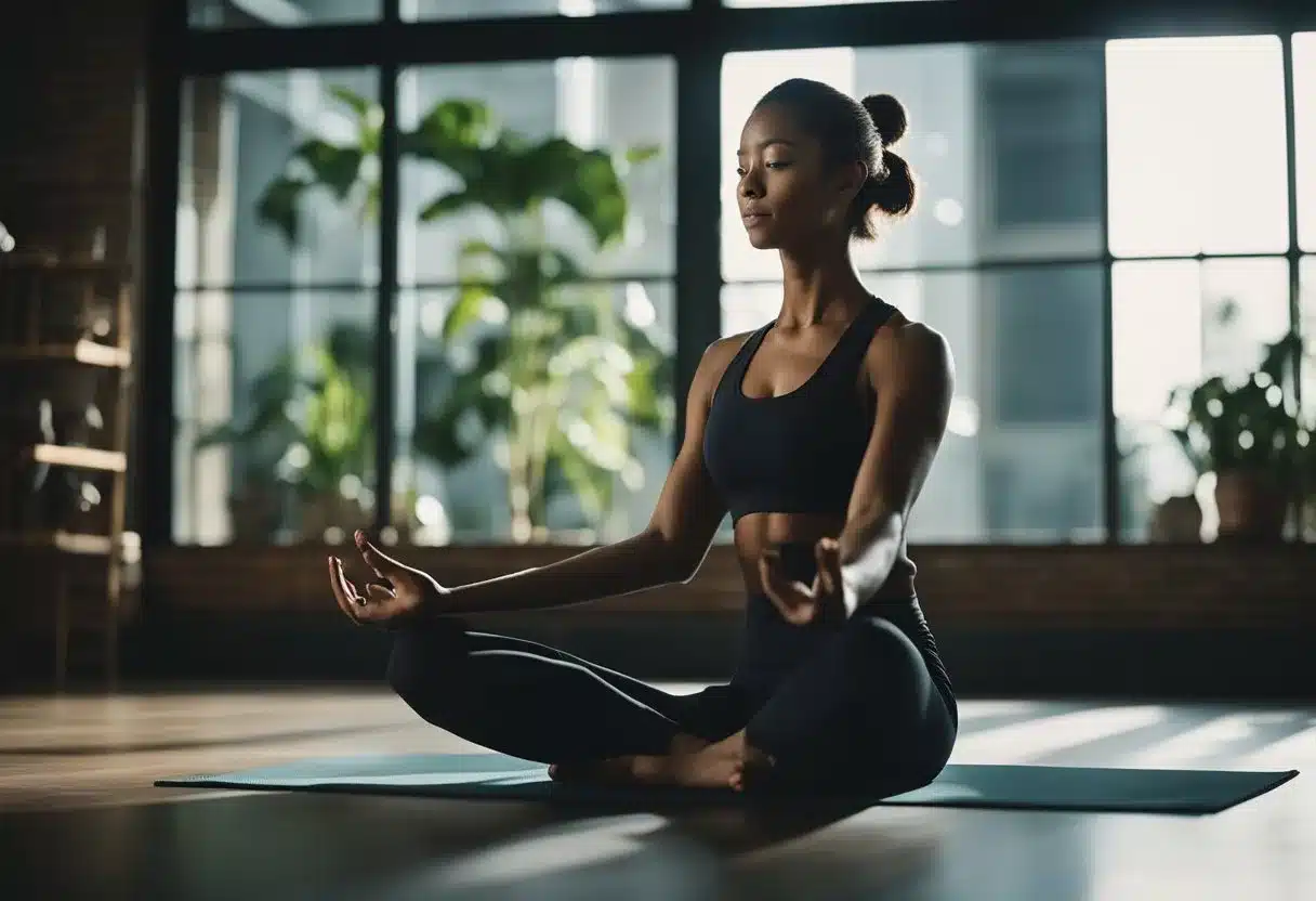 A person doing yoga poses in a dimly lit room with calming music playing in the background