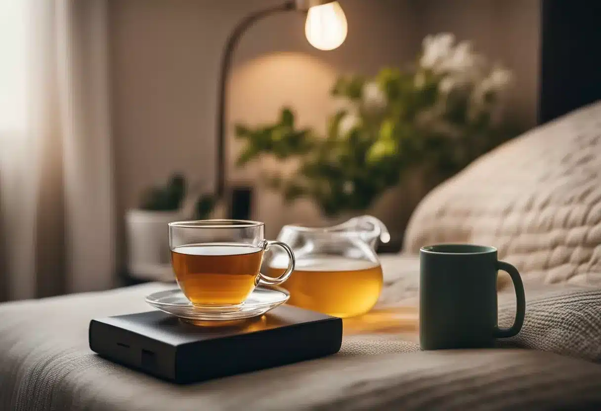 A cozy bedroom with dim lighting, a comfortable mattress, and supportive pillows. A warm cup of herbal tea sits on a bedside table next to a book and a soothing essential oil diffuser