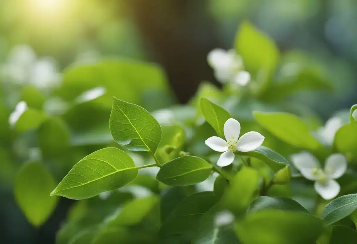 A close-up of Gymnema Sylvestre leaves and vine, with small white flowers, against a blurred natural background