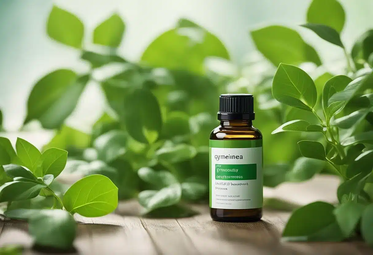 A bottle of Gymnema sylvestre supplement surrounded by green leaves and vines, with a label displaying "Frequently Asked Questions" prominently