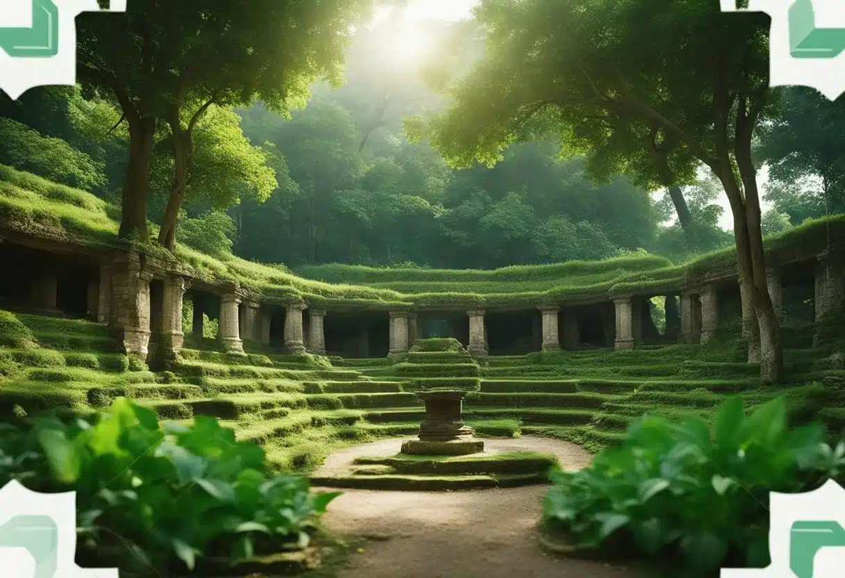 A lush forest with ancient ruins, surrounded by traditional herbs and plants. The Gymnema sylvestre supplement is being prepared by a group of people in traditional attire