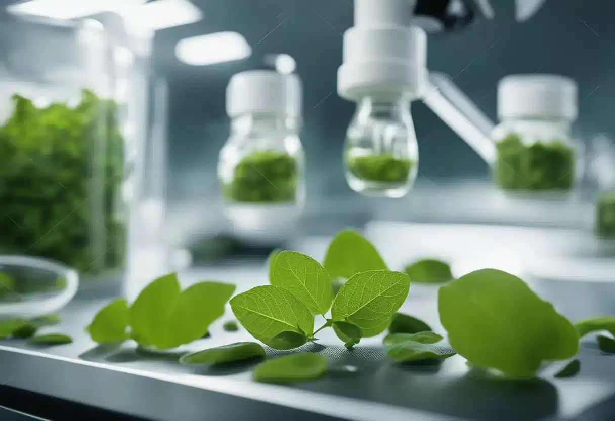 Gymnema sylvestre leaves being processed into a supplement in a laboratory setting