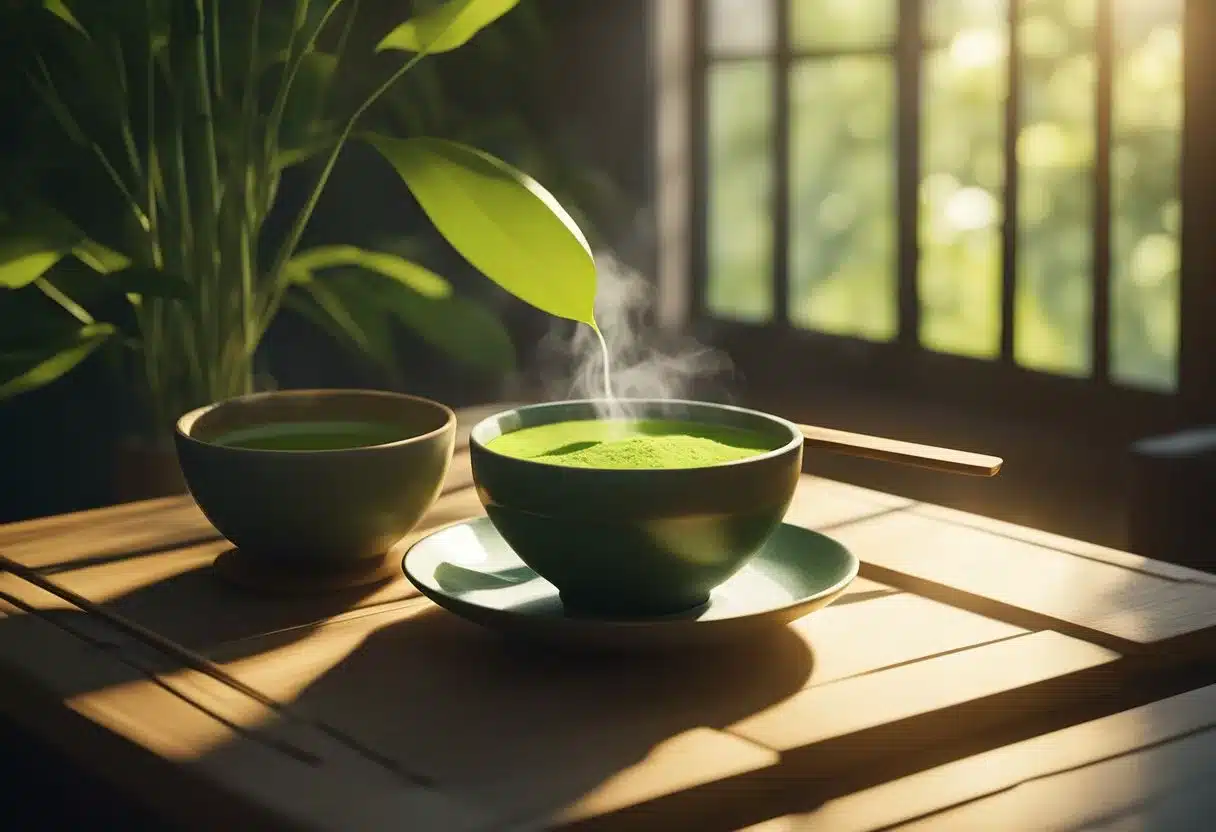 A steaming cup of matcha tea sits on a wooden table, surrounded by a scattering of vibrant green tea leaves and a traditional bamboo whisk. Sunlight streams through a nearby window, casting a warm glow over the scene