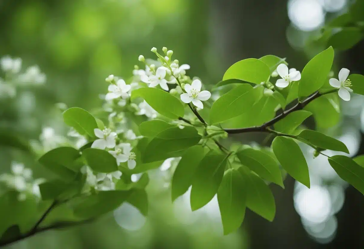 A lush green forest with Gymnema sylvestre vines winding around the trunks of trees, with small, vibrant leaves and delicate white flowers