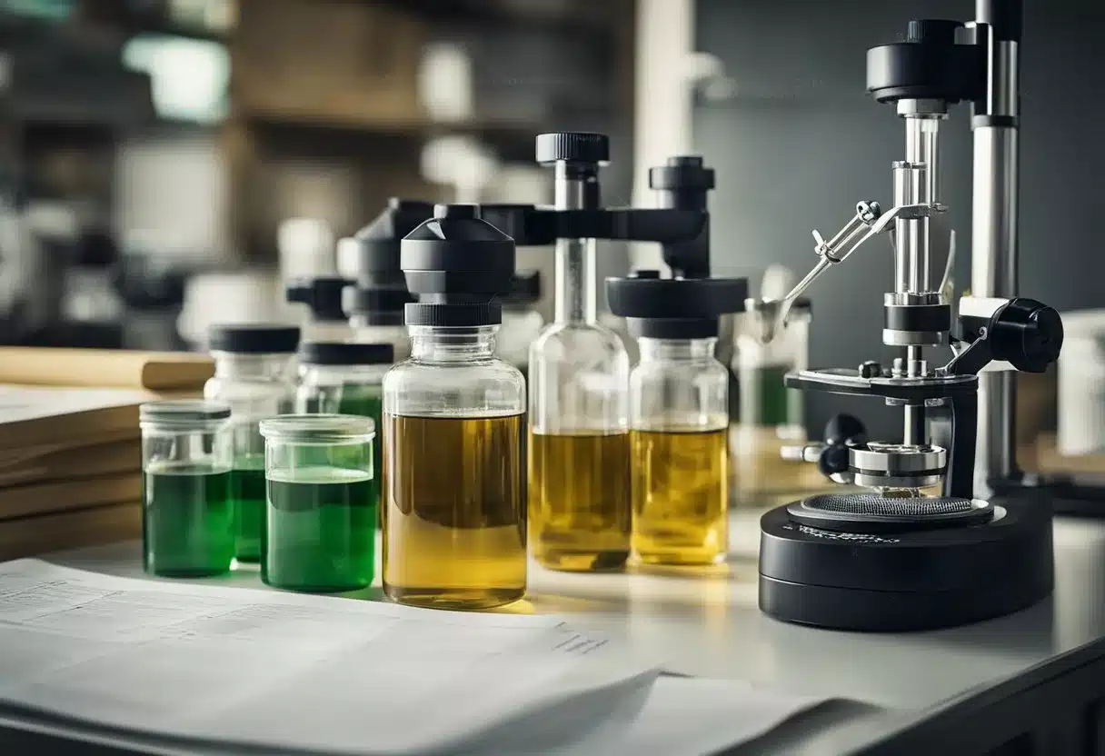 A lab table with various scientific equipment and containers of Gymnema sylvestre extract, surrounded by research papers and studies