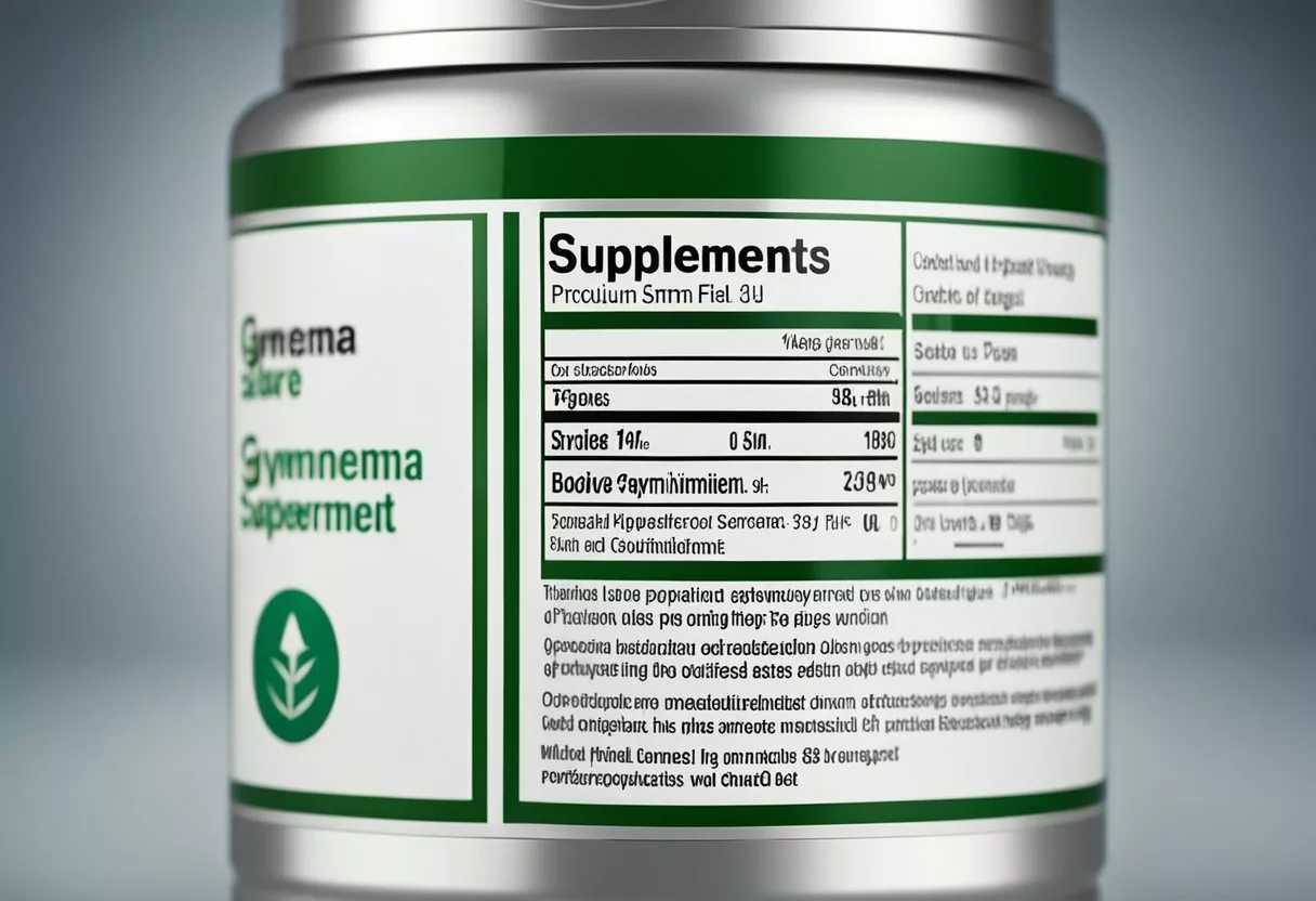 A bottle of Gymnema sylvestre supplement with warning label. A list of potential side effects and precautions displayed prominently