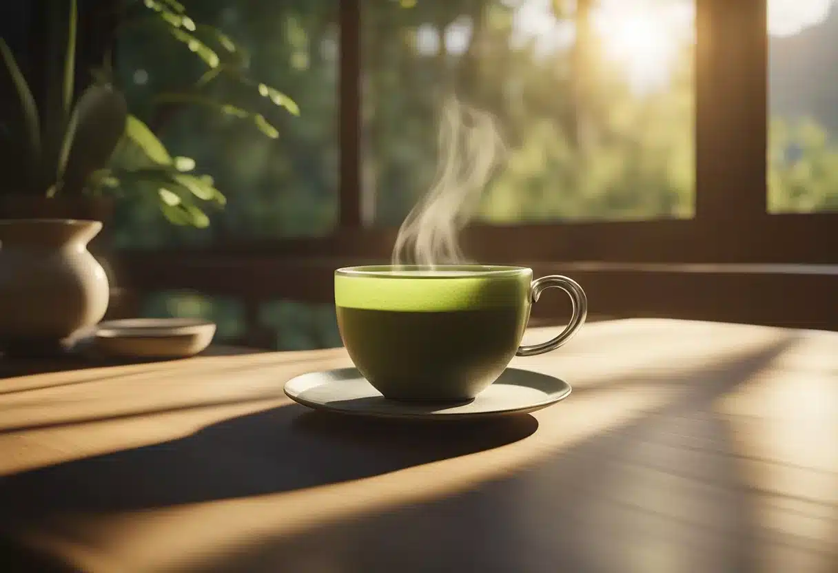 A steaming cup of matcha tea sits on a wooden table, surrounded by a serene and peaceful setting. Sunlight filters through a window, casting a warm glow on the scene