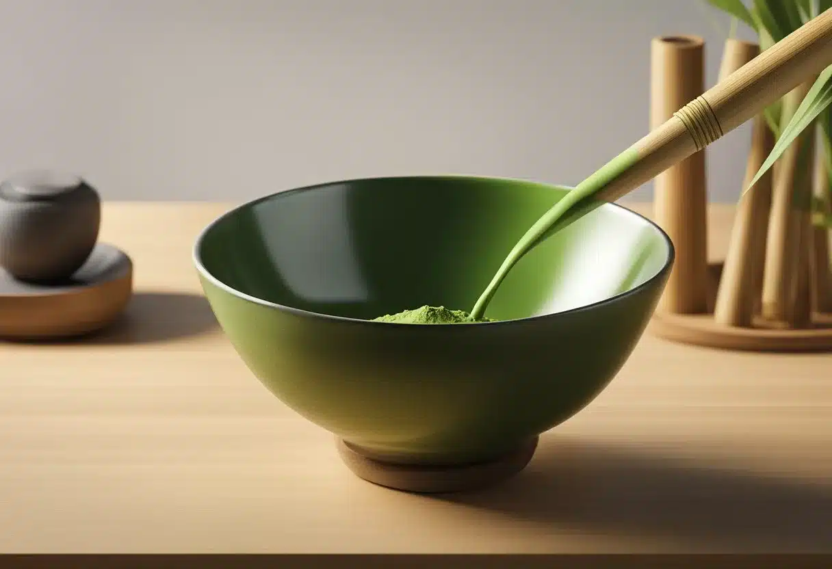 A bamboo whisk stirs vibrant green matcha powder into a ceramic bowl, creating a smooth, frothy tea. A bamboo scoop rests on the edge, ready for the next serving