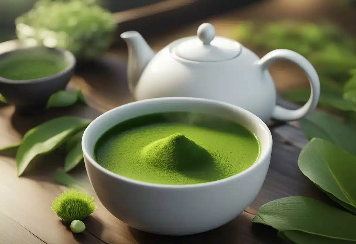 A steaming cup of matcha tea sits on a wooden table, surrounded by vibrant green tea leaves and a delicate teapot. The scene exudes a sense of tranquility and healthfulness