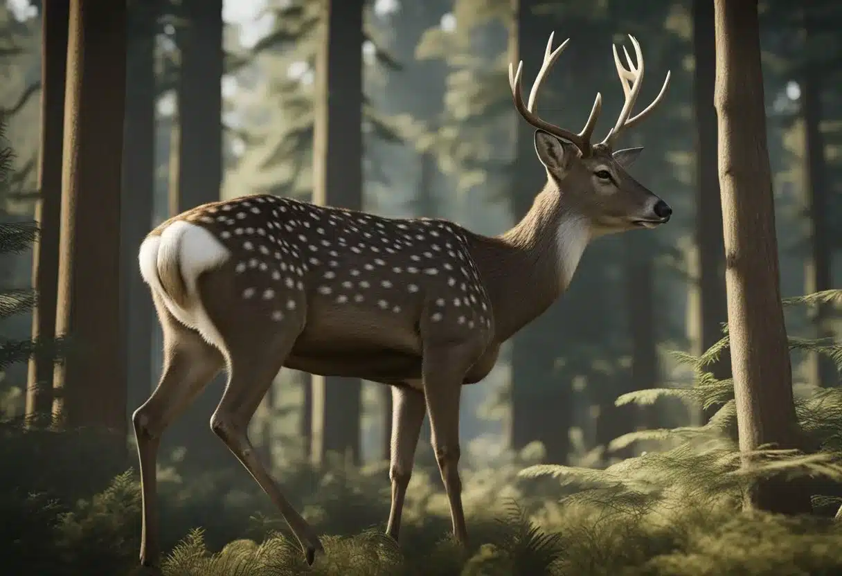 A deer staggers through the forest, its eyes vacant and its movements uncoordinated. Its thin, patchy fur and protruding ribs hint at a wasting illness