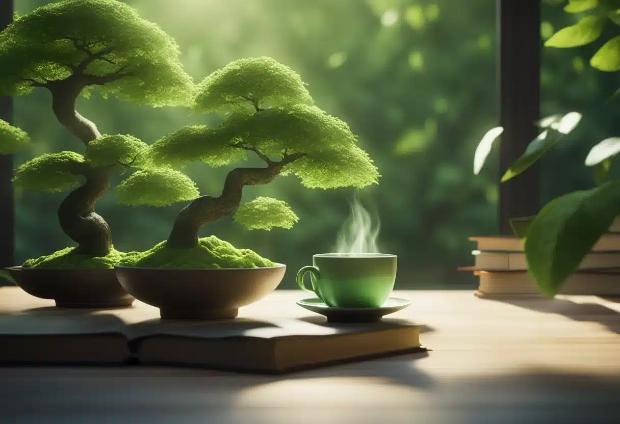 A serene, green tea garden with vibrant matcha leaves and a steaming cup of matcha tea, surrounded by books and a glowing brain symbol