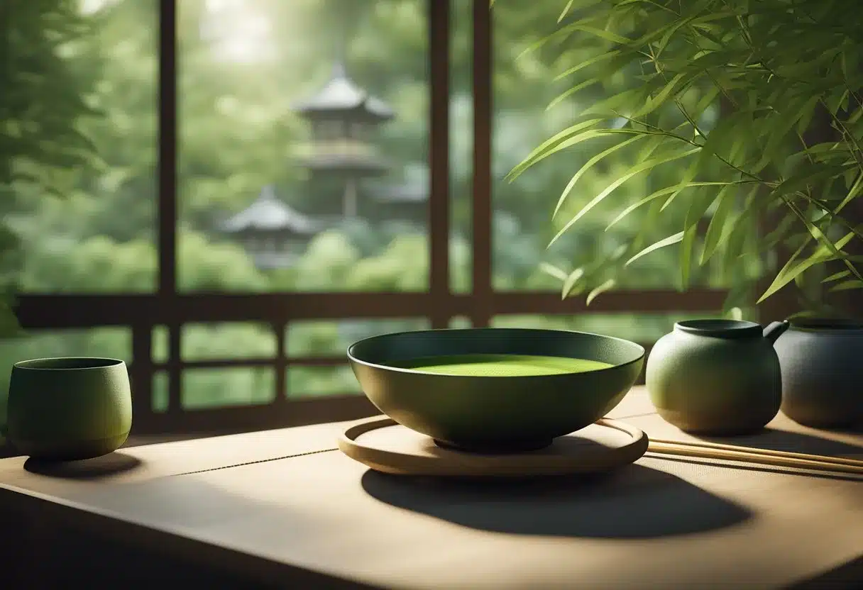 A serene Japanese garden with a traditional tea ceremony set-up, featuring a beautiful bowl of vibrant green matcha tea and a delicate bamboo whisk