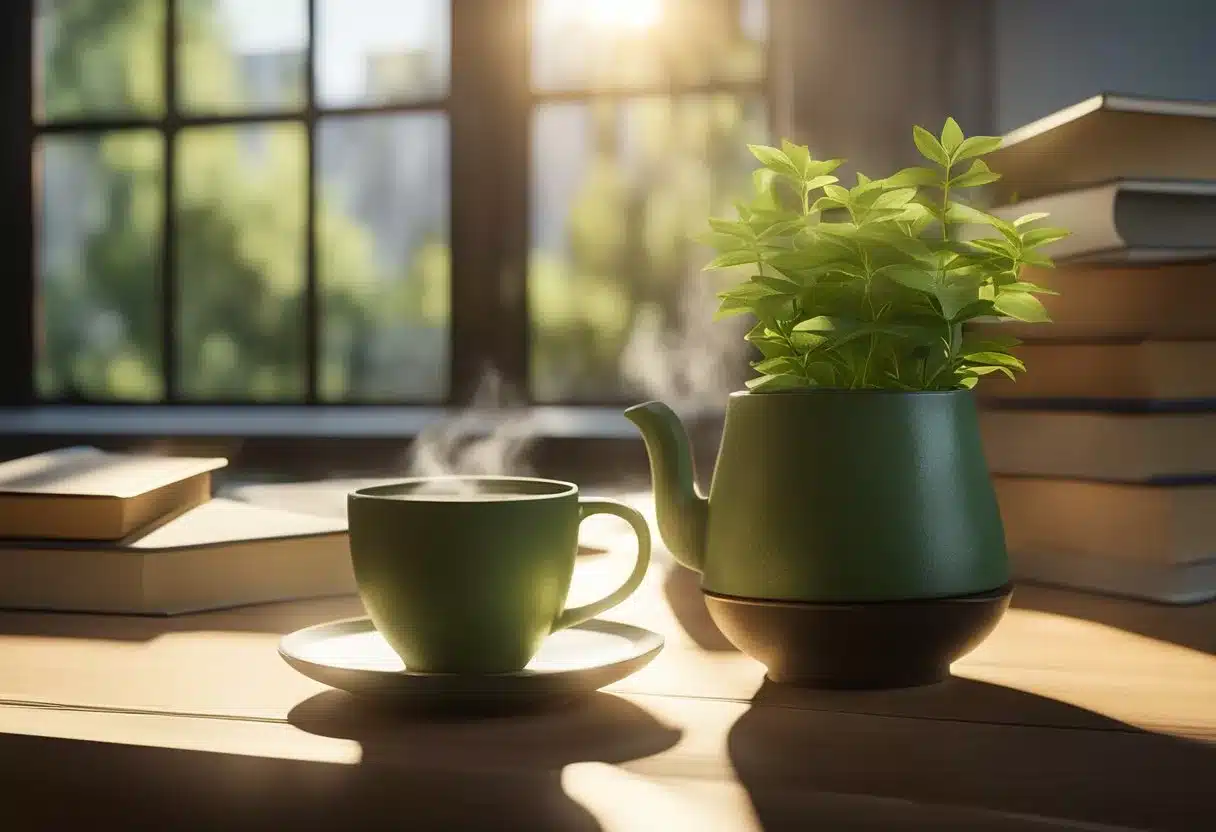 A steaming cup of matcha tea sits on a wooden table, surrounded by books and a laptop. Sunlight streams in through a window, casting a warm glow on the scene